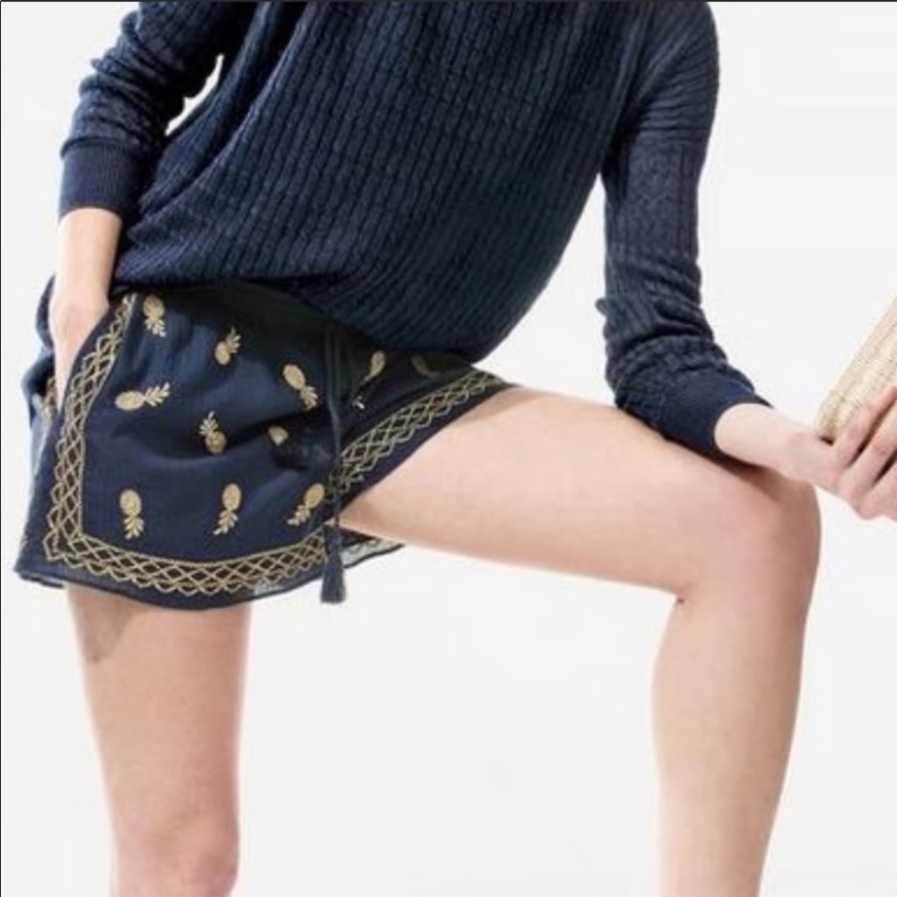 J. Crew Navy Blue Gold Pineapple Embroidered Shorts 100% Cotton Elastic Waist M - Picture 1 of 5
